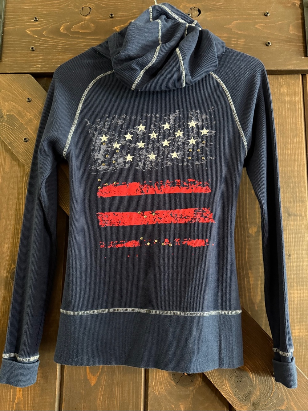 Women's Navy Hooded Thermal Sweater with Flag Graphic